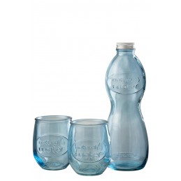 Nachhaltiges Trinkset Glasflasche und 2 Trinkgläser blau transparent (10x10x26cm)