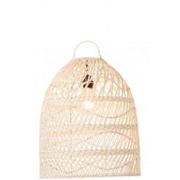 Boho Lampenschirm Hängelampe mit Wellen Rattan/Bambus mit Henkel weiß/natur/beige (40x40x52cm)