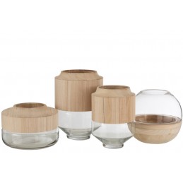 Natur Hohe Vase rund mit Holzrand transparent L (23x23x30