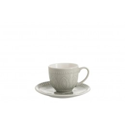 Boho Kaffeetasse mit Untersetzer grau/weiß (15x15x8