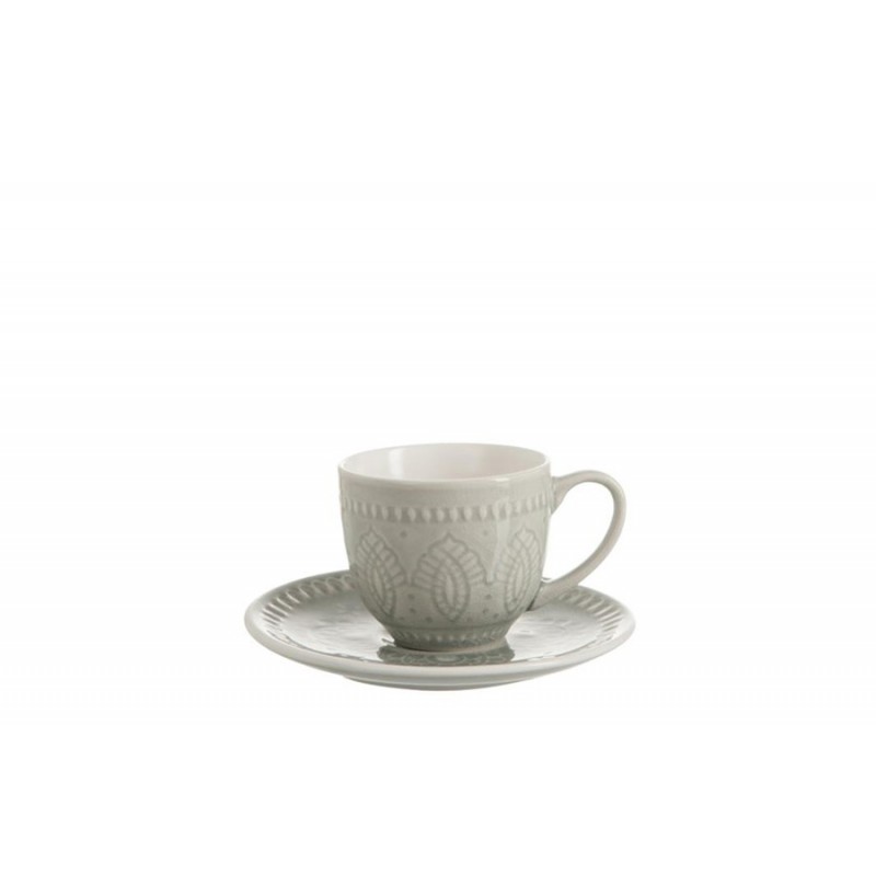 Boho Kaffeetasse mit Untersetzer grau/weiß (15x15x8